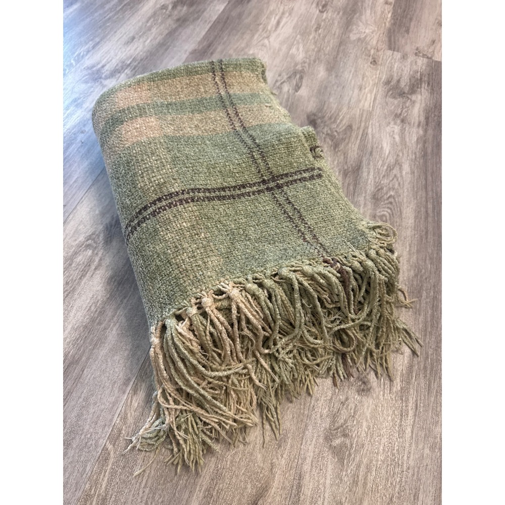 Restoration Hardware Sage Green Plaid Fringe Woven Throw Blanket 67x46 Rayon